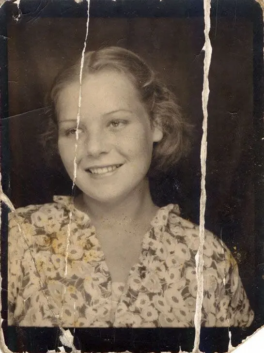Original - Photo restoration comparison showing damaged family photo before and after restoration